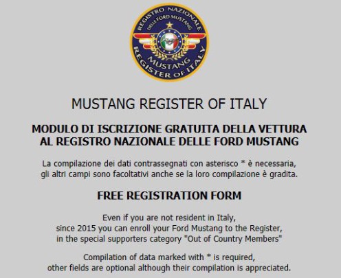 Modulo di iscrizione gratuita online :: Mustang Register of Italy - Registro nazionale Ford Mustang - Registry italiano